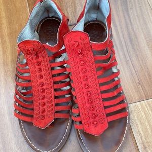 Adorable red suede gladiator sandals. ❤️